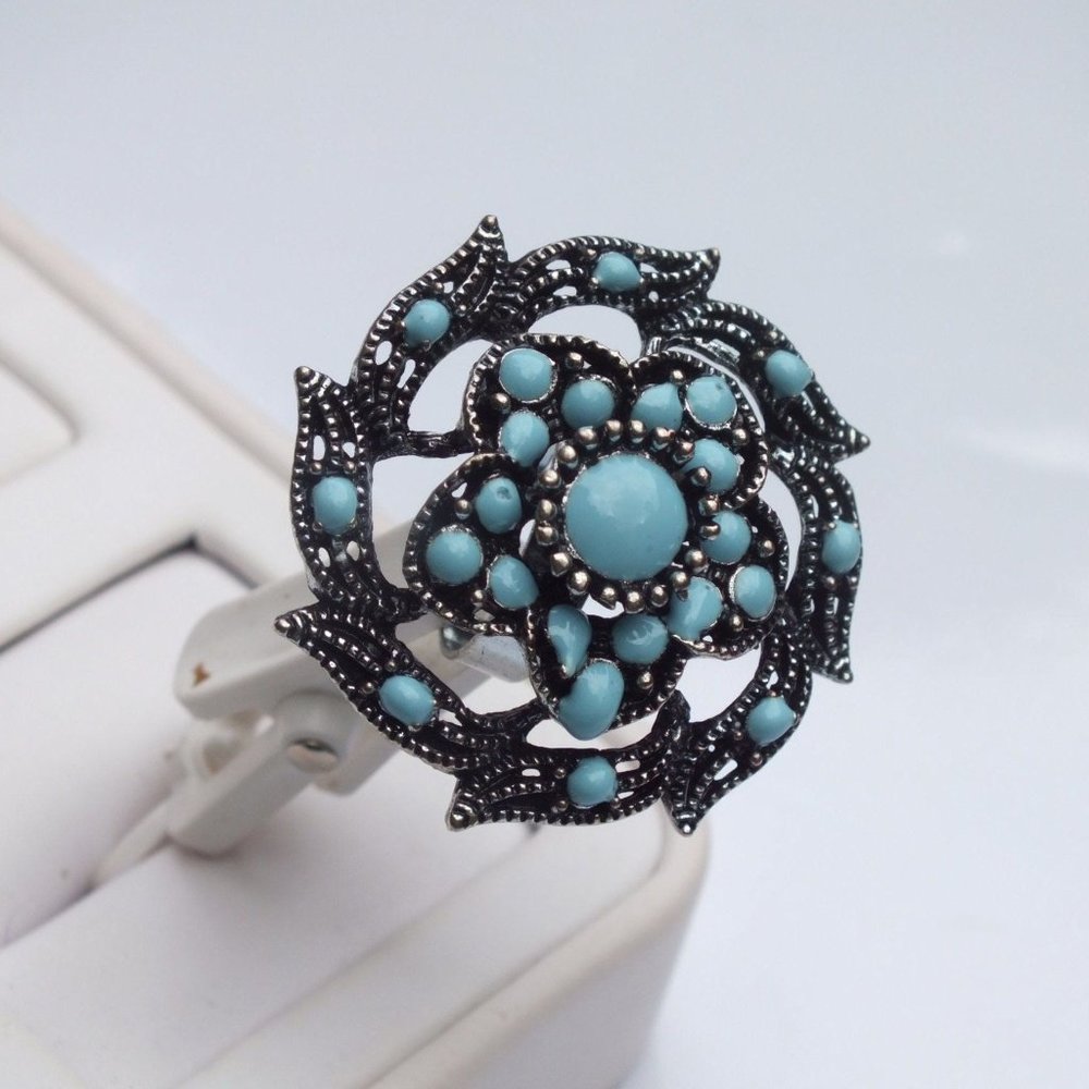 Southwest Style Statement Ring with Silver and Blue Color Accents, Size 6 1/2